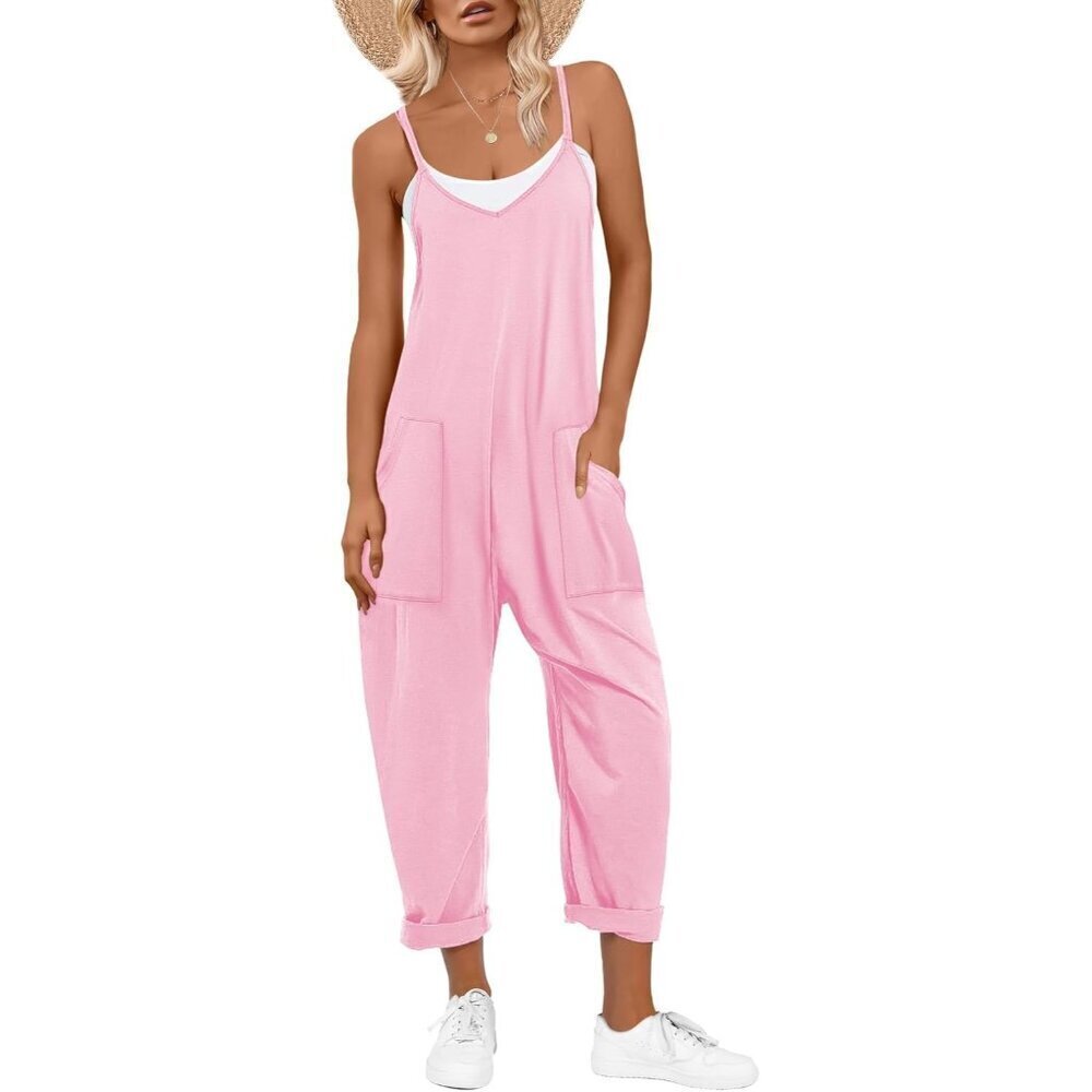Women Light Pink Casual Summer Overall Sleeveless Spaghetti Strap Romper Jumper